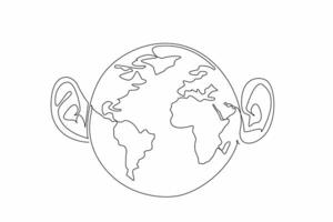 Single one line drawing the globe has a right and left ear. Need for effective communication. Understand each other by listening more. World Hearing Day. Continuous line design graphic illustration vector