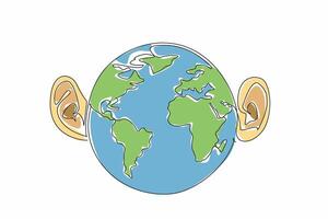 Single one line drawing the globe has a right and left ear. Need for effective communication. Understand each other by listening more. World Hearing Day. Continuous line design graphic illustration vector