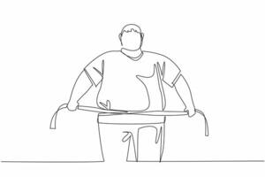 Single one line drawing obese man wrapped in measuring tape. The stomach is swollen and sagging. Maintain a diet. Increase exercise. World Obesity Day. Continuous line design graphic illustration vector