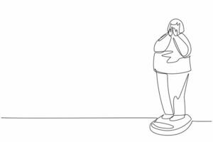 Continuous one line drawing obese woman weighing herself on a scale. Feelings of shame. Feelings of disbelief. Being too fat. Inferior. World Obesity Day. Single line draw design illustration vector