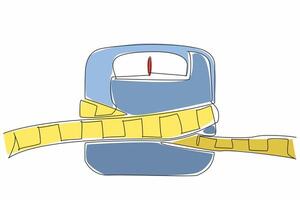 Continuous one line drawing scale tied with measuring tape. Tighten the eating habits. Do not cross the threshold. Diet. Choose healthy. World Obesity Day. Single line draw design illustration vector
