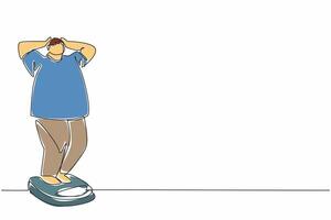 Single continuous line drawing obese man weighing himself on a scale. Shocked. Feeling insecure. Thinking about losing weight. Extra exercise. World Obesity Day. One line design illustration vector