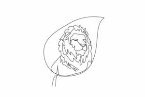 Single one line drawing lion head in the middle of the leaf. A ferocious beast with fangs. Top of the food chain. Hunting for survival. World Wildlife Day. Continuous line design graphic illustration vector