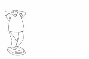 Single continuous line drawing obese man weighing himself on a scale. Shocked. Feeling insecure. Thinking about losing weight. Extra exercise. World Obesity Day. One line design illustration vector