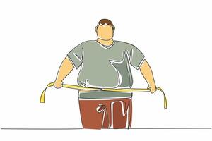 Single one line drawing obese man wrapped in measuring tape. The stomach is swollen and sagging. Maintain a diet. Increase exercise. World Obesity Day. Continuous line design graphic illustration vector