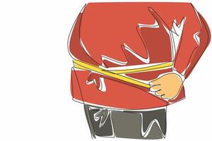 Single one line drawing obese stomach wrapped in measuring tape. Fat man in action. Strict diet for an ideal body. Try the best. Fatness. World Obesity Day. Continuous line design graphic illustration vector