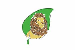 Single one line drawing lion head in the middle of the leaf. A ferocious beast with fangs. Top of the food chain. Hunting for survival. World Wildlife Day. Continuous line design graphic illustration vector