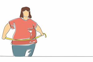 Single continuous line drawing obese woman wrapped in measuring tape. Self-awareness. It's already gone way beyond limit. Back to healthy living. World Obesity Day. One line design illustration vector
