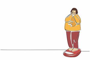 Continuous one line drawing obese woman weighing herself on a scale. Feelings of shame. Feelings of disbelief. Being too fat. Inferior. World Obesity Day. Single line draw design illustration vector