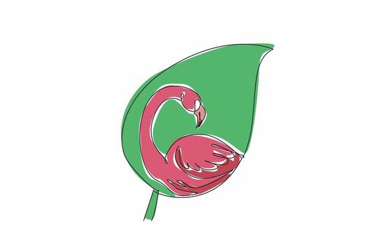Single continuous line drawing flamingo head and body in the middle of the leaf. Do not disturb the balance of nature. Let it grow and develop. World Wildlife Day. One line design illustration vector