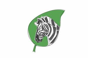 Continuous one line drawing zebra head in the middle of the leaf. Nature. Biodiversity. Protecting endangered species. Natural habitats. World Wildlife Day. Single line draw design illustration vector