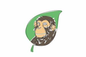 Single continuous line drawing monkey head in the middle of the leaf. Saving from extinction. Doing conservation. Not a pet. Natural habitats. World Wildlife Day. One line design illustration vector