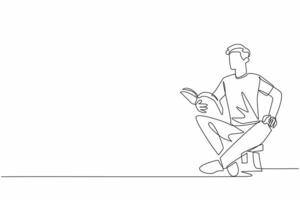 Single one line drawing man sitting on child's chair reading book. Telling an exciting story book. Cultivating interest in reading. World Read Aloud Day. Continuous line design graphic illustration vector