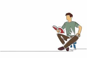 Single one line drawing man sitting on child's chair reading book. Telling an exciting story book. Cultivating interest in reading. World Read Aloud Day. Continuous line design graphic illustration vector