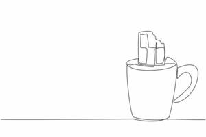 Continuous one line drawing mug containing chocolate drink and chocolate bar. A drink and a snack at the same time. Relaxing. National Hot Chocolate Day. Single line draw design illustration vector