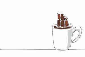 Continuous one line drawing mug containing chocolate drink and chocolate bar. A drink and a snack at the same time. Relaxing. National Hot Chocolate Day. Single line draw design illustration vector