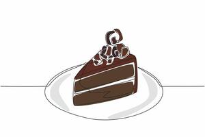 Single one line drawing slices of chocolate cake topped with rolled chocolate pieces. Most delicious chocolate cake. Calming. National Chocolate Cake Day. Continuous line design graphic illustration vector