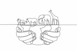 Single one line drawing giraffe, elephant, lion rhino on top of a half-held globe. Diversity of life on planet. Keeping from extinction. World Wildlife Day. Continuous line design graphic illustration vector