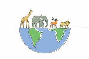 Single continuous line drawing giraffe, elephant, deer and lion on half globe. Some of the most populous animals on earth. Nature. Conservation. World Wildlife Day. One line design illustration vector