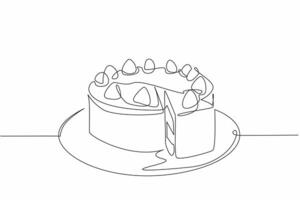 Single one line drawing round chocolate cake with strawberry topping. One piece for loved ones first. Sweet and soft in mouth. National Chocolate Cake Day. Continuous line design graphic illustration vector
