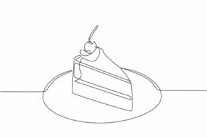 Single continuous line drawing slices of chocolate cake topped with cream and cherry. A very delicious chocolate dish. Celebration. National Chocolate Cake Day. One line design illustration vector