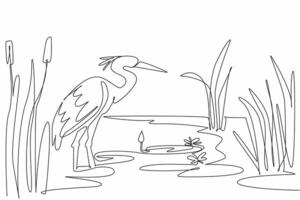 Single one line drawing stork standing on the lake. Wild grass growing around it. Beautiful twilight atmosphere. Habitat. Ecosystem. World Wetlands Day. Continuous line design graphic illustration vector