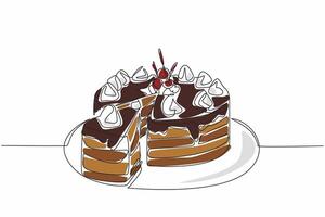 Single continuous line drawing round chocolate cake with cream and cherry topping and pieces of cake. Cut to serve. Dessert. Tasty. National Chocolate Cake Day. One line design illustration vector