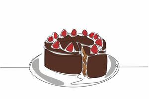 Single one line drawing round chocolate cake with strawberry topping. One piece for loved ones first. Sweet and soft in mouth. National Chocolate Cake Day. Continuous line design graphic illustration vector