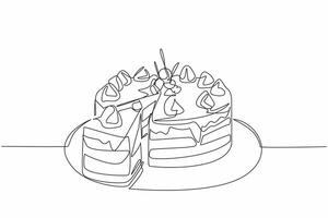 Single continuous line drawing round chocolate cake with cream and cherry topping and pieces of cake. Cut to serve. Dessert. Tasty. National Chocolate Cake Day. One line design illustration vector