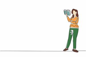 Continuous one line drawing woman standing while reading book. Stage of art performance. Expressing what is read. Excerpt of a poem. World Read Aloud Day. Single line draw design illustration vector