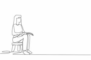 Single one line drawing woman sitting on a child's chair reading a book. Modeling the best way to read. Cultivating good interest. World Read Aloud Day. Continuous line design graphic illustration vector