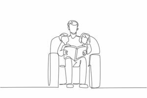 Continuous one line drawing man with two children sitting on sofa reading a book together. A model father. A good hobby to pass on. World Read Aloud Day. Single line draw design illustration vector