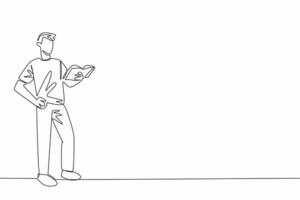 Single continuous line drawing man standing holding a book and reading it. Reading literature books. Poetry. Novels. Expressive. Appreciation. World Read Aloud Day. One line design illustration vector