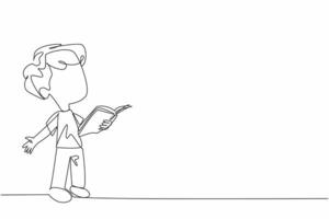 Single continuous line drawing boy standing reading a book. Interesting stories. Cultivate children's interest in reading through comic. World Read Aloud Day. One line design illustration vector