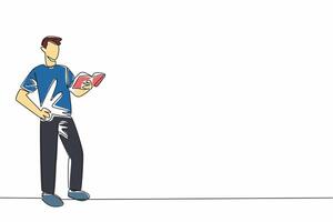 Single continuous line drawing man standing holding a book and reading it. Reading literature books. Poetry. Novels. Expressive. Appreciation. World Read Aloud Day. One line design illustration vector