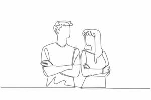 Single one line drawing man and woman in casual clothes look at each other. Love language from eye contact. Understanding each other. National Spouses Day. Continuous line design graphic illustration vector