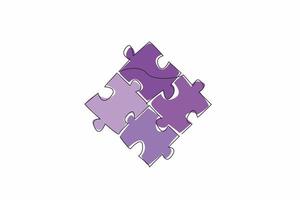 Single one line drawing the puzzle pieces arranged. Various colors that match. Different to complete each other. Philosophy. Metaphor. National Puzzle Day. Continuous line design graphic illustration vector