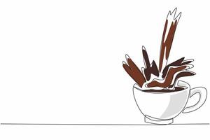Single continuous line drawing chocolate drink poured into the cup from above. An advertisement for a mind-soothing drink. Relaxation. National Hot Chocolate Day. One line design illustration vector