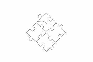 Single one line drawing the puzzle pieces arranged. Various colors that match. Different to complete each other. Philosophy. Metaphor. National Puzzle Day. Continuous line design graphic illustration vector