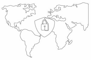 Single continuous line drawing the shield and padlock with world map background. The world is connected through the internet. Protect the privacy. Data Privacy Day. One line design illustration vector