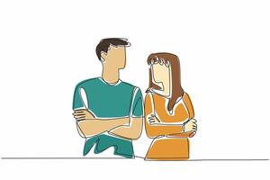 Single one line drawing man and woman in casual clothes look at each other. Love language from eye contact. Understanding each other. National Spouses Day. Continuous line design graphic illustration vector