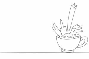 Single continuous line drawing chocolate drink poured into the cup from above. An advertisement for a mind-soothing drink. Relaxation. National Hot Chocolate Day. One line design illustration vector