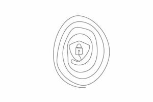 Single continuous line drawing fingerprints with a shield and padlock in middle. Security verification symbol. Electronic authentication method. Data Privacy Day. One line design illustration vector