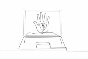 Continuous one line drawing shielded and locked palm in middle of the laptop screen. Two security verifications. Fingerprint. Password. Data Privacy Day. Single line draw design illustration vector