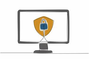Single one line drawing shield and padlock in the middle of the computer monitor. Computer use two security systems. Protecting. Secure. Data Privacy Day. Continuous line design graphic illustration vector