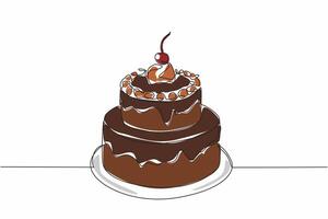 Continuous one line drawing two tier chocolate cake with cherry topping. Celebration cake. So delicious in every bite. Delight. National Chocolate Cake Day. Single line draw design illustration vector