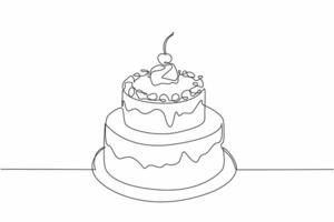 Continuous one line drawing two tier chocolate cake with cherry topping. Celebration cake. So delicious in every bite. Delight. National Chocolate Cake Day. Single line draw design illustration vector