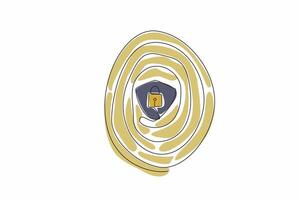 Single continuous line drawing fingerprints with a shield and padlock in middle. Security verification symbol. Electronic authentication method. Data Privacy Day. One line design illustration vector