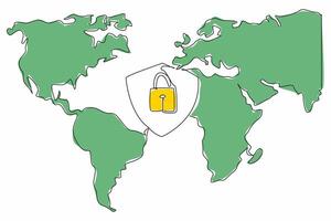 Single continuous line drawing the shield and padlock with world map background. The world is connected through the internet. Protect the privacy. Data Privacy Day. One line design illustration vector