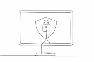 Single one line drawing shield and padlock in the middle of the computer monitor. Computer use two security systems. Protecting. Secure. Data Privacy Day. Continuous line design graphic illustration vector